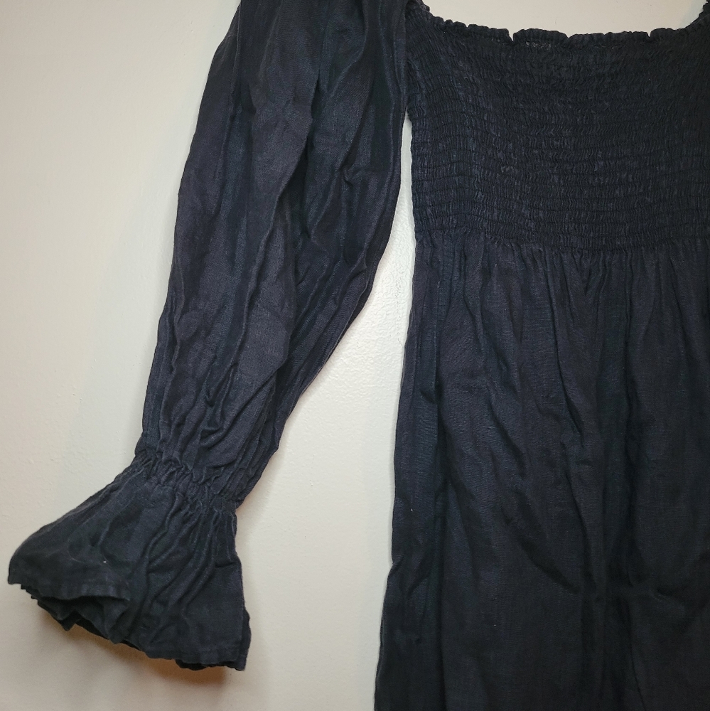 Sleeper 100% linen Atlanta smocked with puff sleeves midi dress, small - Picture 5 of 9
